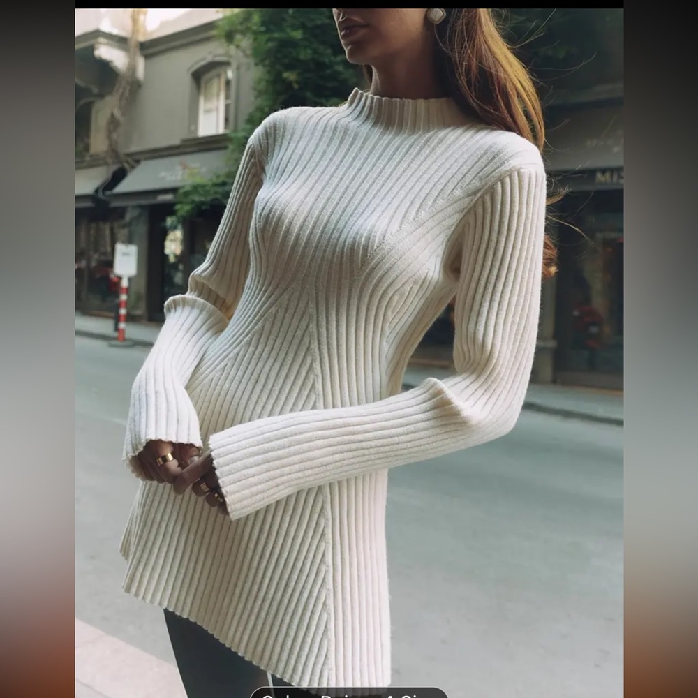 Solid Rib Knit Sweater Dress, Elegant Mock Neck Long Sleeve Dress